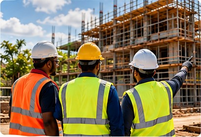 Three supervisors in safety vests reviewing a building under construction