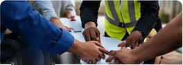 Team members joining hands over project plans