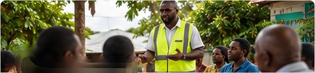 Team member in a safety vest speaking with community members