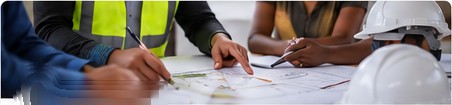 Team reviewing construction drawings at a table