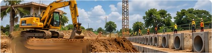 Excavator grading land beside drainage culverts