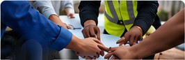 Team members joining hands over project plans